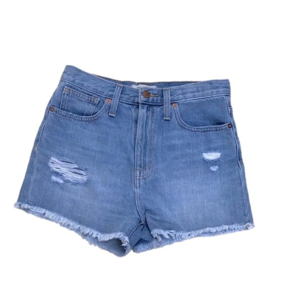 Madewell High Rise Distressed Raw Hem The Mom Jean Short Blue Size 25